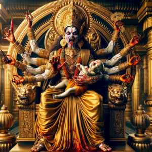 portrait of angry looking, four-armed indian goddess  sitting on a gold crown and carrying a weak mahishasur on her lap and poking his abdomen with her two hands with amazingly long red fingernails . She is wearing gold armor, a huge gold crown, gold saree, abundant  gold jewelry, covered in blood. The scene is set in ancient India. The image is 8K resolution, cinematic, photography, ultra detailed face and epic.