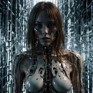 "A biomechanical woman standing in a fragmented digital void, he...