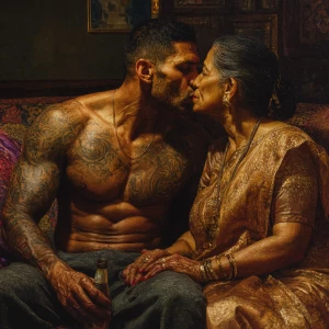 Hyperrealism,painting.a muscular beefy sweaty tattoed indian man...