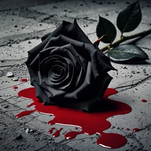 Black rose strewn onto cement and red blood fallen on the rose a...
