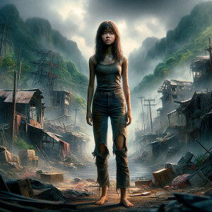 Skinny and thin Asian teen girl wearing skin tight jeans that are worn and frayed, long hair and bangs heroic ready to fight stance