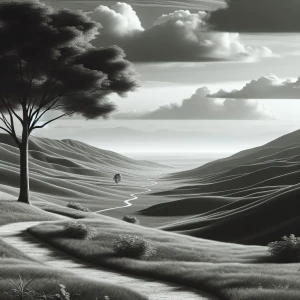 A tranquil landscape of rolling hills, a lone tree standing agai...