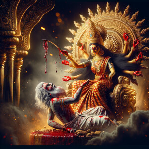 portrait of angry looking goddess durga sitting on a gold crown and carrying a weak mahishasur on her lap and poking him with her amazingly long red fingernails. She is covered in blood. The scene is set in ancient India. The image is 8K resolution, cinematic, photography, ultra detailed face and epic.