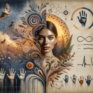 asian and Egyptian  graffiti, lie detector graphs, cardio, printout , branches infinity sign, cave, Art, handprints, distant birds flying, flowering vines, abstract, painting, Vortex, molecules, dna