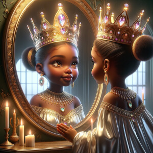 In a 3-D realistic world, a beautiful African-American child stands before a mirror. Her eyes widen as she gazes at her reflection, for the mirror reveals not just her own image but a majestic adult queen. The queen’s skin glows with regal elegance, her features exuding grace and wisdom. She wears a crown adorned with shimmering jewels, each gem reflecting the light like a thousand stars.
The child’s wonder deepens as she realizes that the queen in the mirror is none other than her future self—a powerful ruler who wears her heritage with pride. The mirror whispers secrets of destiny, urging her to embrace her potential and become the queen she sees.
And there, in this magical moment, the child and the queen share a silent pact: to honor their roots, uplift their people, and wear their crowns with unyielding strength.