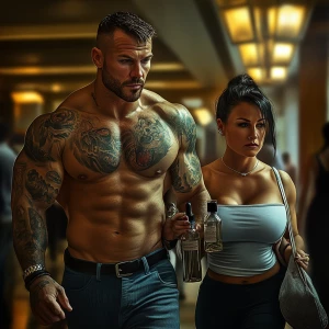 realism-photo fantasy,A sweaty tattoed muscular  man walking wit...