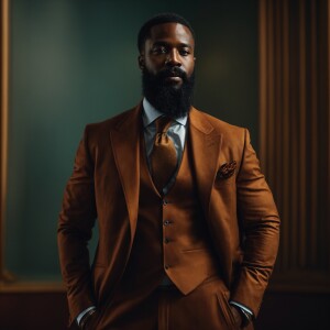 A formal African American man standing confidently in a dominant...