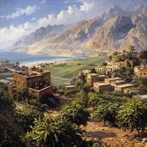 Yemeni village with coffee farms around with mountains and sea i...