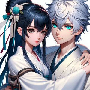Realistic anime woman with dark blue hair and dark brown eyes we...