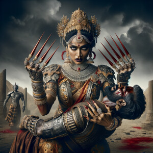 Create a cinematic 8K resolution portrait of a powerful, muscular goddess Durga of Indian mythology. She has an intense gaze, carries a frail evil figure in her arms, and is striking him with her crimson dagger-like fingernails. She is adorned in stunning attire that includes a saree, armor, a grand crown, and an abundance of jewelry, every piece sparkling as if made from diamonds. The scene is set in a barren, arid landscape that heightens the dramatic tension. There is a poignant aftermath of the confrontation, signified by the hint of red scattered around. Pay extra attention to the ultra-detailed depiction of her majestic visage and overall grandeur reminiscent of an epic.