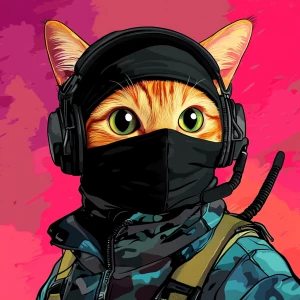 A wide-eyed ginger cat wearing a black tactical balaclava (or ma...