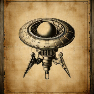 Aged parchment blueprint for a realistic alien probe, metal stic...