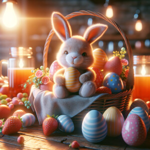 Create some ultra photorealistic images inspiring Easter, include some eggs and bunny , vivid colors, 9:16