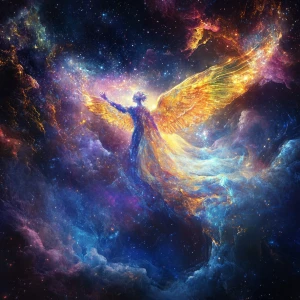 Create an image of a celestial being with glowing wings, floatin...