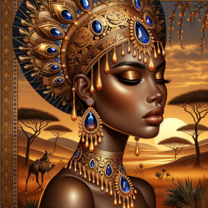 A digital illustration of a Latina woman's portrait with a luxur...