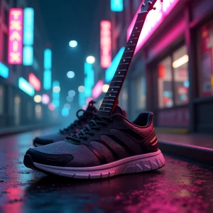 Design an image of a cyberpunk-inspired scene where a guitar is...