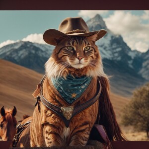 A cat with a cowboy hat on riding a horse