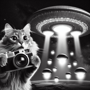 A black-and-white illustration of a startled cat taking a selfie...