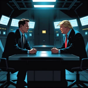 Comic book style scene: Elon Musk sitting in a dark, high-tech i...