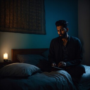 A realistic image of a 23-year-old Muslim man sitting on his bed...