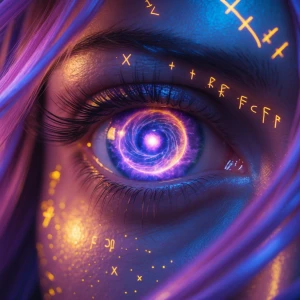 An extreme close-up of a powerful sorceress's eye, glowing with...