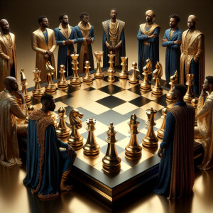 3-D realistic oil, painting,of a gold and black human chessboard...