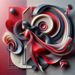 An artwork of a girl in red, with flowing shapes and soft curves...