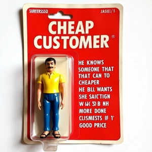 Create a product packaging for an action figure called "Cheap Cu...