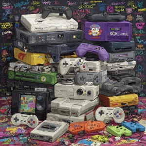 "A chaotic stacked pile of various retro video game consoles and...