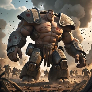 Create an image of a colossal, juggernaut character plowing through a battlefield, unfazed by the chaos around him, with visible dents and scratches on his armor, indicating his experience in war.