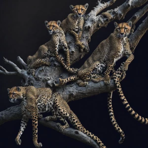 A cheetah lounging gracefully on a sturdy tree branch, observing...