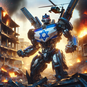 Israel as a transformer character, adorned with Iarael national...