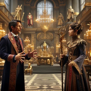 A king and a sorceress in a throne room discussing