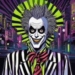 Create an illustration of Beetlejuice, the mischievous and flamb...