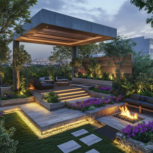 Create a contemporary rooftop garden design that includes an ele...