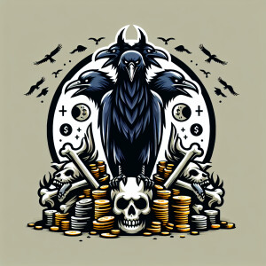 Create an image of a malevolent, three-headed crow perched omino...