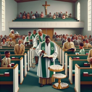 Design an image of a church interior during communion service, f...