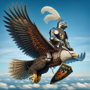 A giant eagle flying across the sky, hanging from its claws is a...