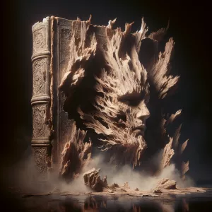 surreal ancient tome crumbling human visage emerging torment int...