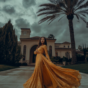 photo of a high fashion mongolian woman wearing a golden glowy m...