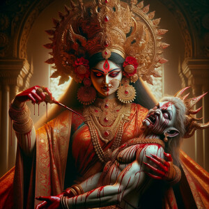 portrait of angry looking goddess durga  carrying a weak mahishasur in her arms and poking him with her amazingly long red fingernails. She is wearing a huge gold crown, red saree, abundant  gold jewelry, covered in blood. The scene is set in ancient India. The image is 8K resolution, cinematic, ultra detailed face and epic.