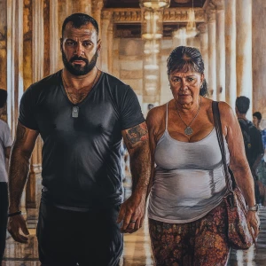 Hyperrealistic painting 1:1,A sweaty beefy man walking with his...