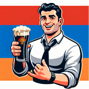 Armenian man with pint Guinness in hand