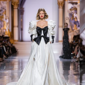 A beautiful woman walks down a white runway in a dramatic white...
