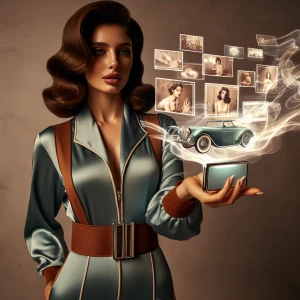 A beautiful woman in a vintage-inspired jumpsuit, her hair styled in classic waves, holding a small, chrome-colored tablet that displays floating holographic images