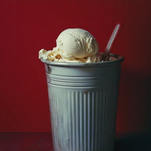 A tub of vanilla ice cream lies sadly in a large trash can