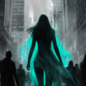 Generate an image of a monochrome urban street brimming with peo...