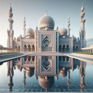 Create an image of a mosque with an ornate exterior, including a...