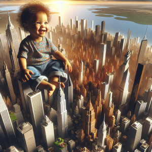 Baby in top of big city