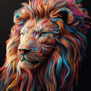 Create a 3D-rendered 8k UHD image of a lion with an extremely detailed, oversized psychedelic mane, incorporating vibrant colors and intricate patterns to emphasize a professional level of detail.